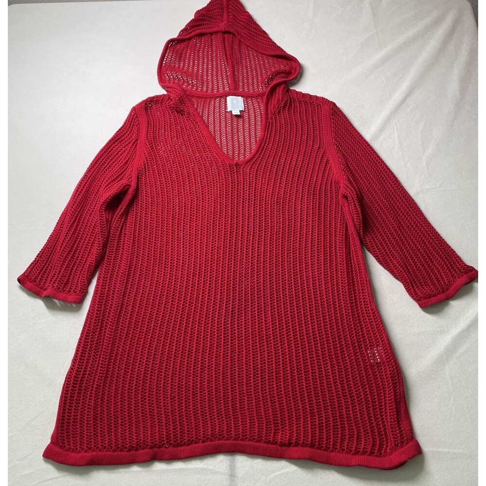 Sunday Hooded Open Knit Tunic Sweater 3/4 Sleeve Red Women's Size 2X